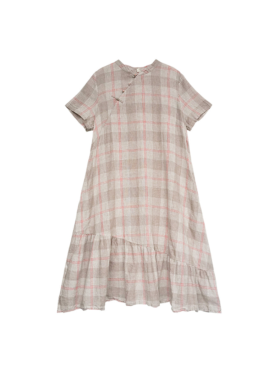 Irregular Splice Plaid Elegant Button Pleated Dress