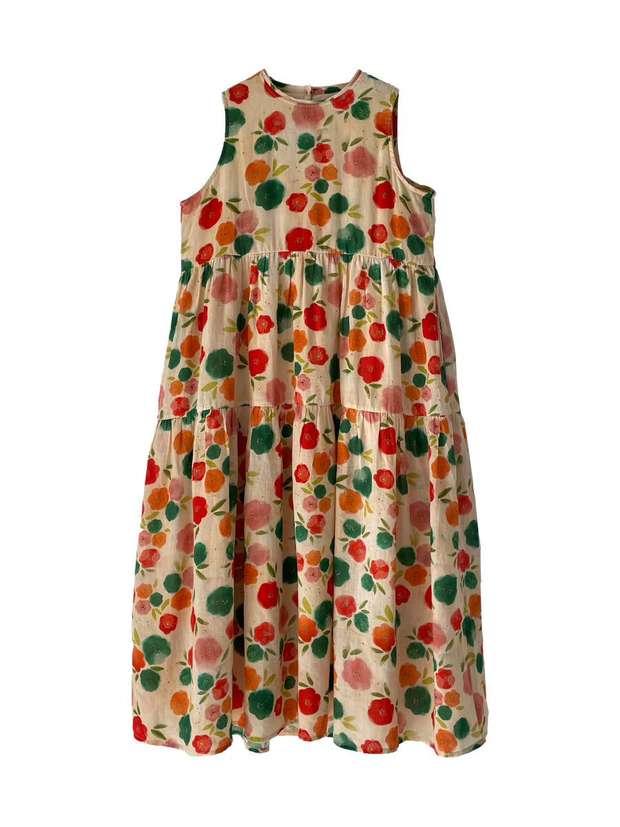 Cute O-Neck Flower Spliced Pleated Vest Dress