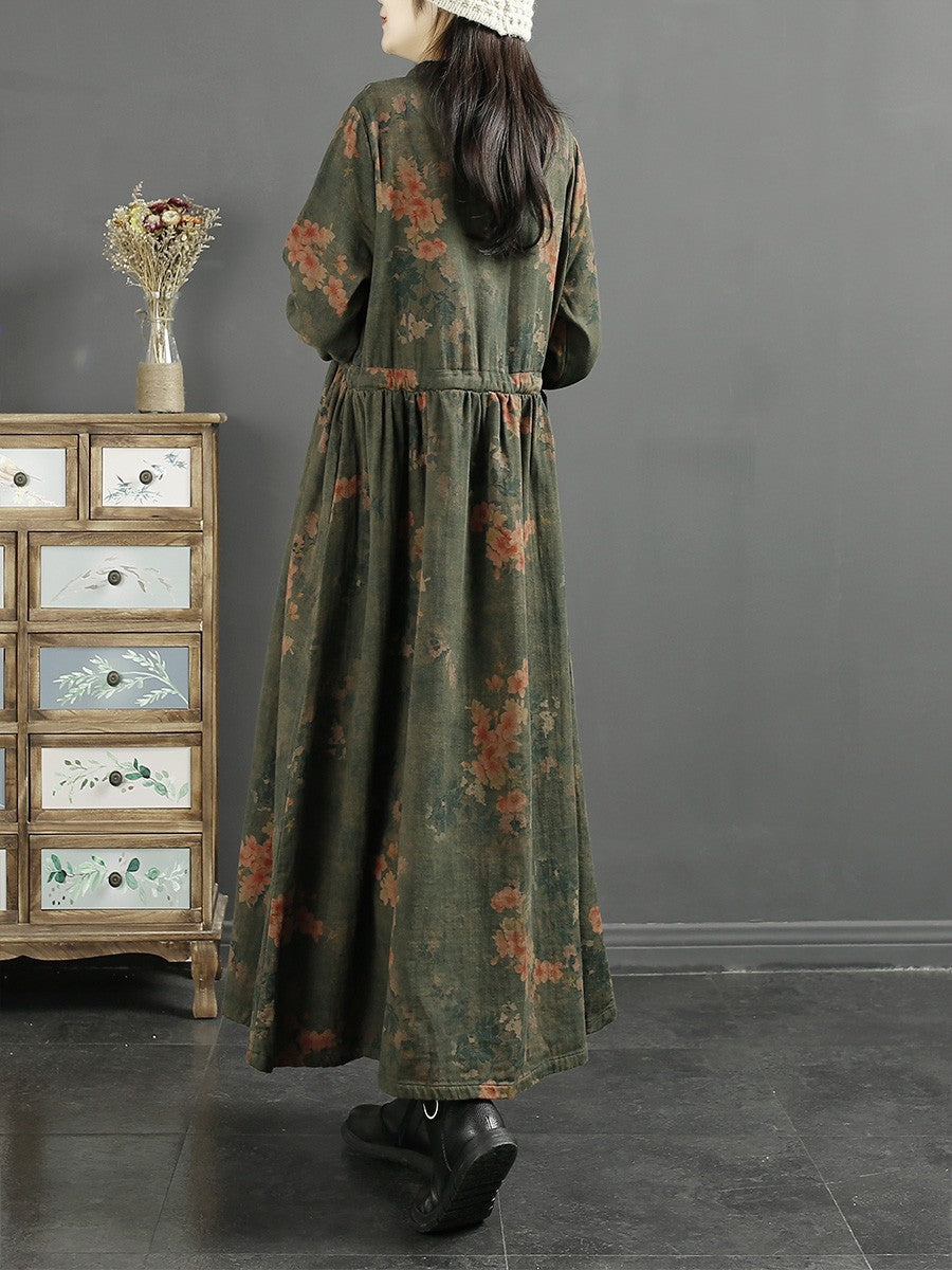 Casual Loose Fall Vintage Leaf Print Cotton Dress