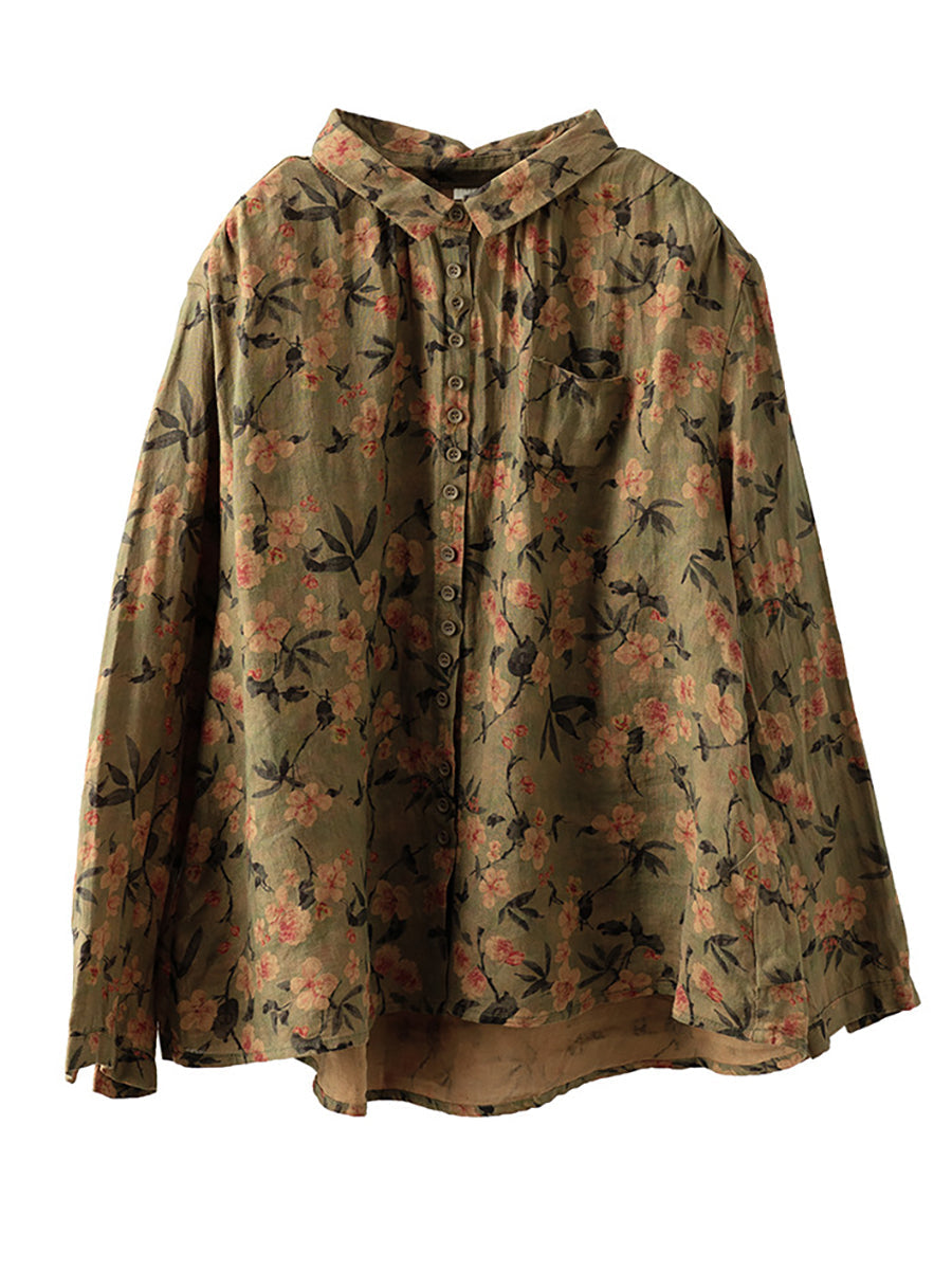 Vintage Printed Linen Shirt Turn-down Collar Top
