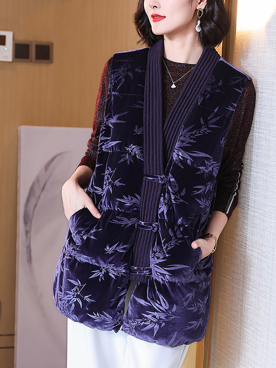 Women Vintage Leaf Print Fleece Vest Down Coat