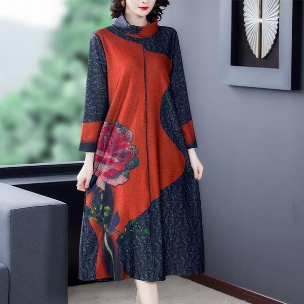 omychic plus size cotton vintage floral for women casual loose autumn winter dress - Omychic