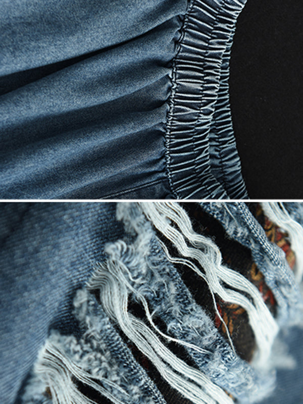 Loose Hollow Elasticity Denim Harem Pants