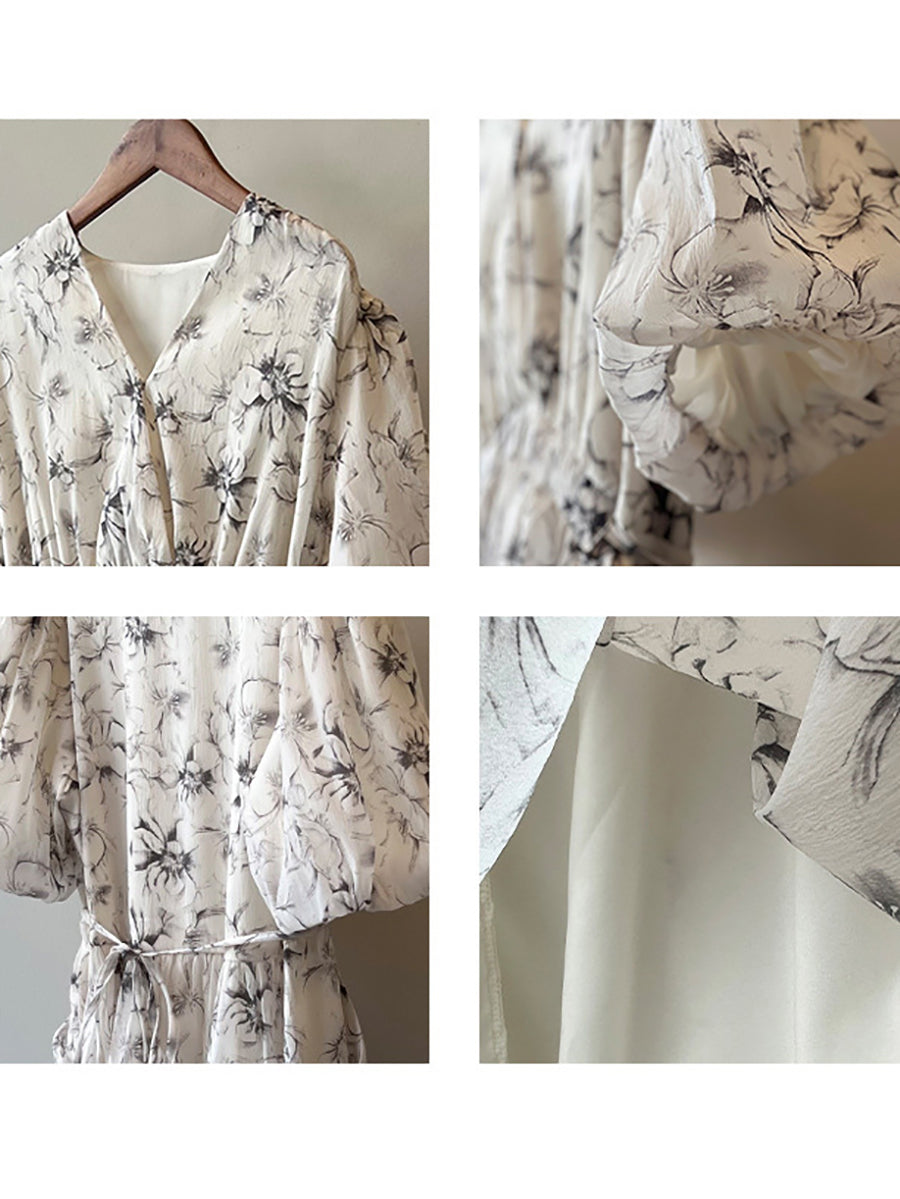 Vintage Floral V-Neck Puff Sleeve Loose Dress