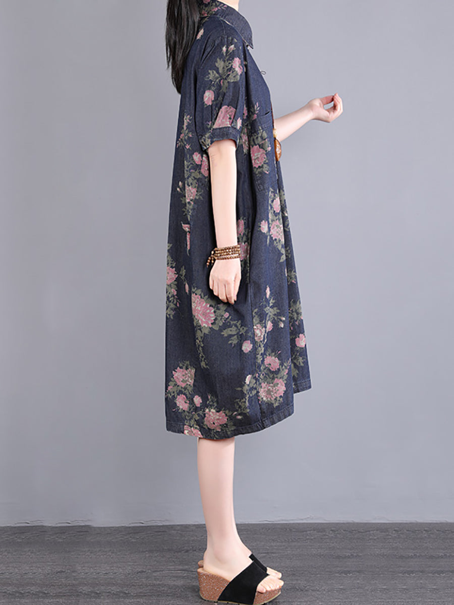 Vintage Flower Print Pocket Loose Button Denim Dress