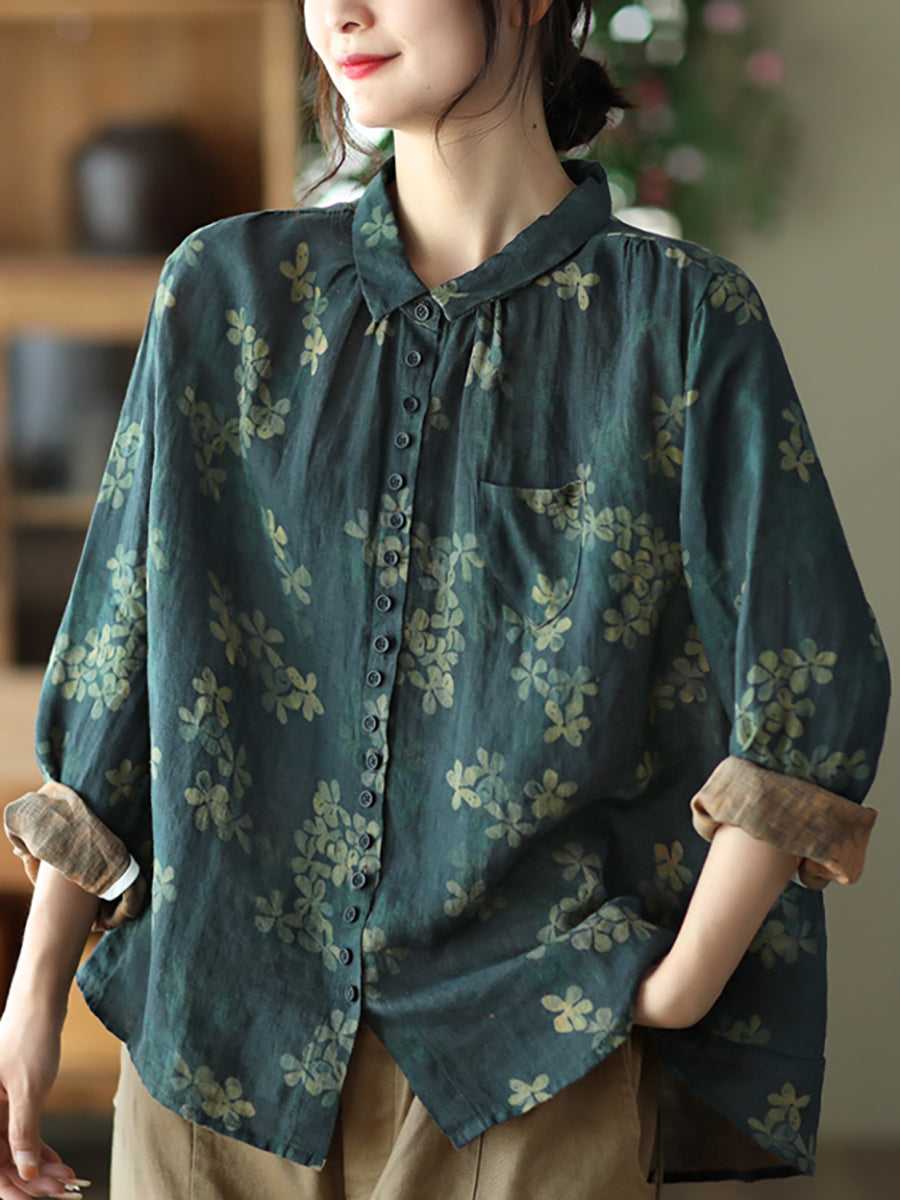 Vintage Printed Linen Shirt Turn-down Collar Top
