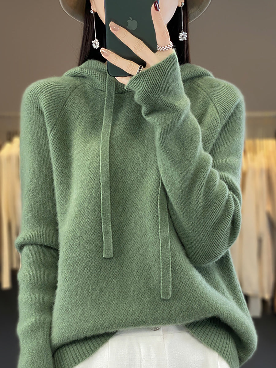 Women Winter Wool Solid Hooded Sweater