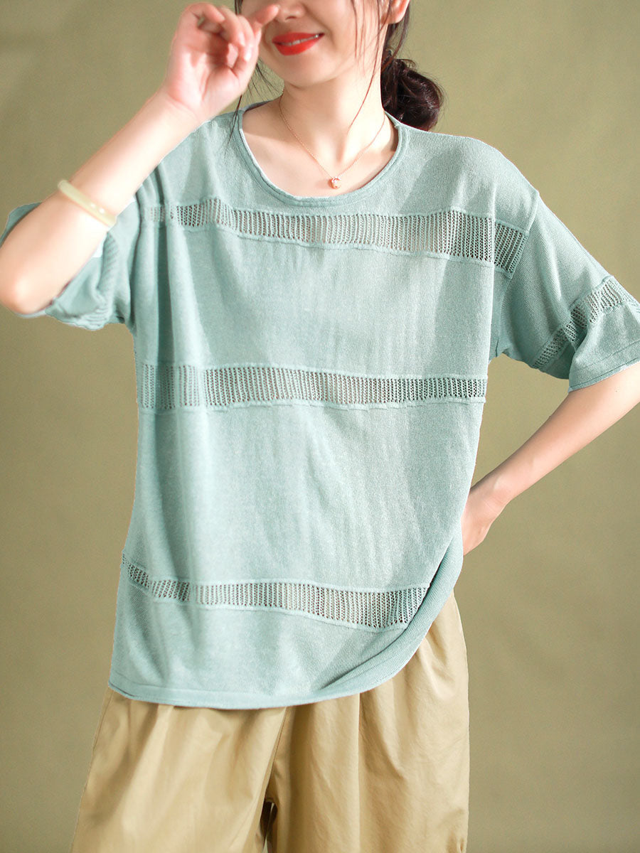 Women Summer Artsy Solid Hollow Out Knitted Linen Shirt