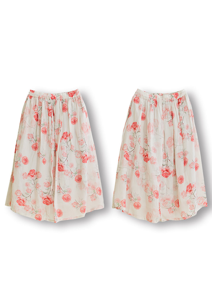 Women Summer Artsy Flower Drawstring Pocket Ramie Skirt