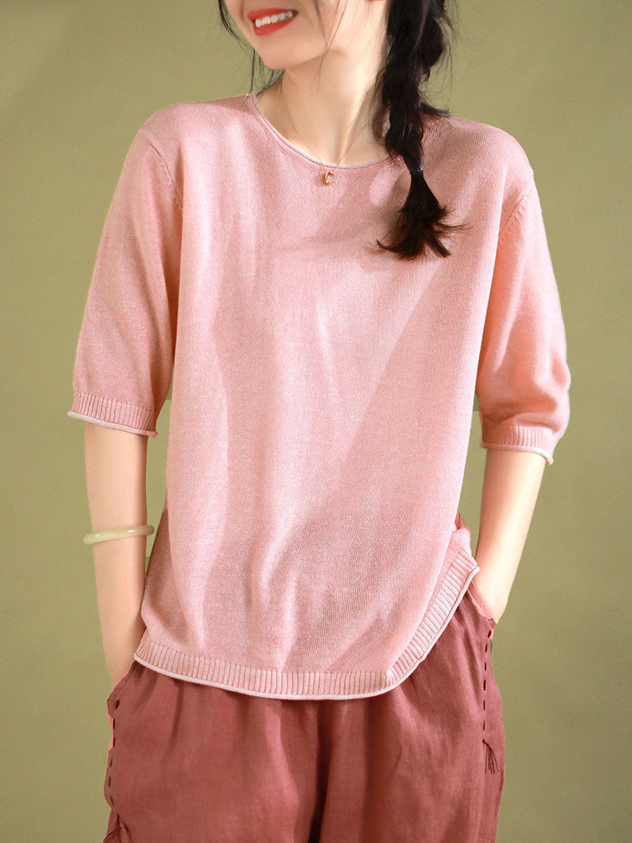 Women Summer Casual Solid Knitted Loose Shirt