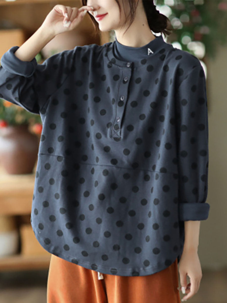 Vintage Dot Long Sleeve Pullover Casual Women T-Shirt