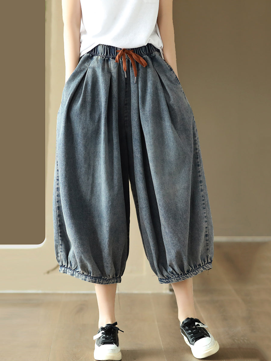 Casual Solid Color Drawstring Pocket Denim Harem Pants