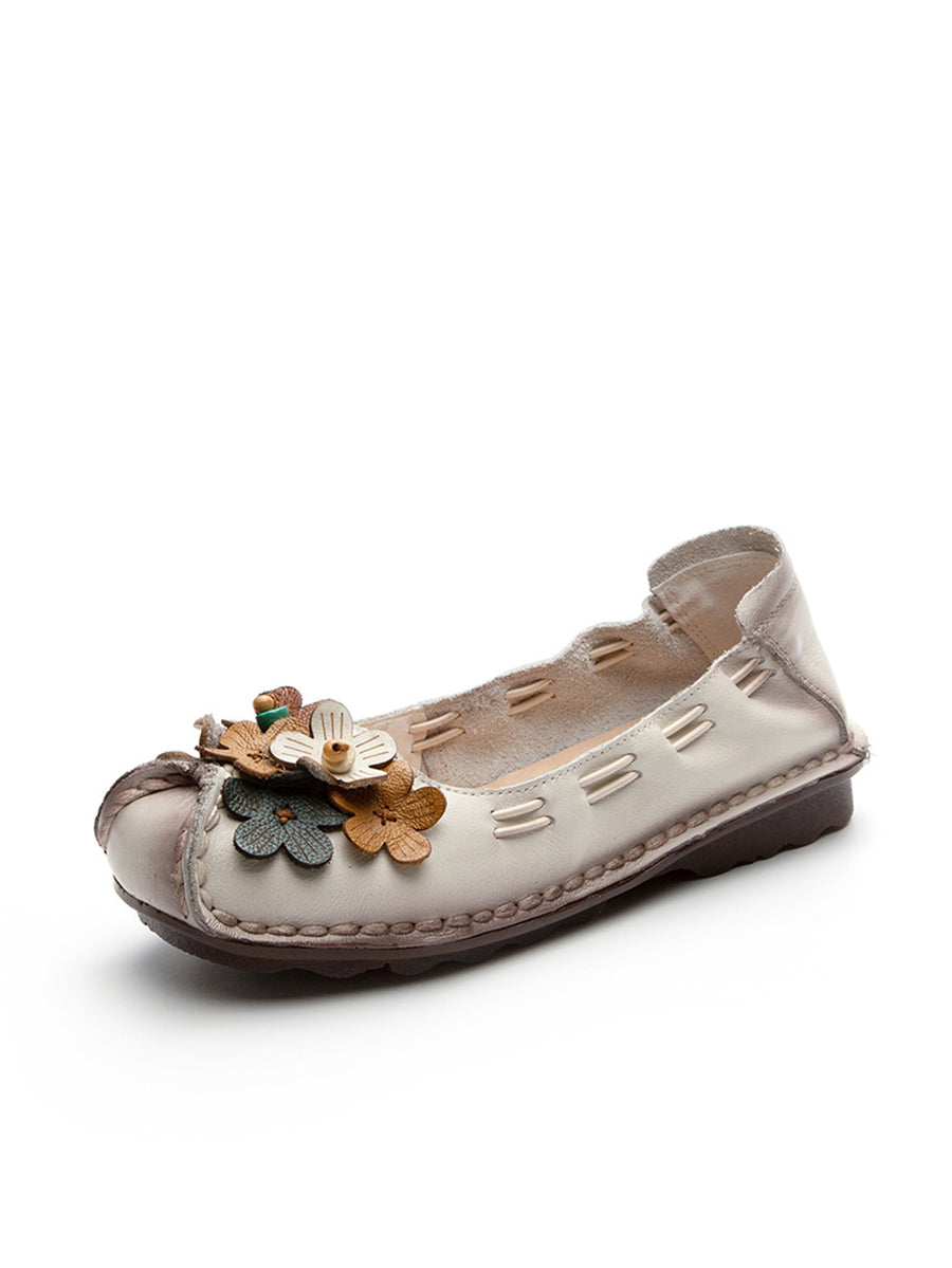 Women Summer Vintage Floral Spliced Leather Flat Shoes