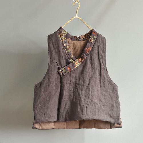 Women Loose Retro Linen Patchwork Padded Vests Top Waistcoat Outerwear Ladies Vintage Flax Vest Female 2020 Autumn Winter Vests - Omychic