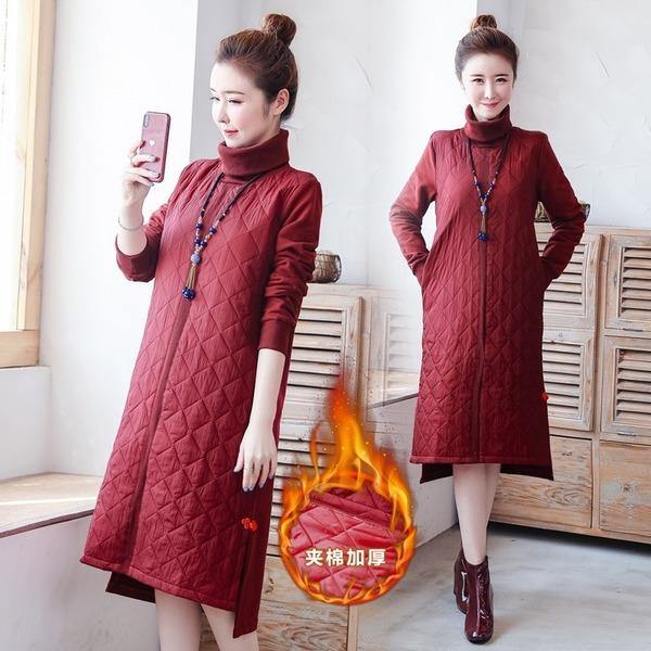 omychic plus size Padded cotton vintage for women casual loose midi autumn winter dress - Omychic