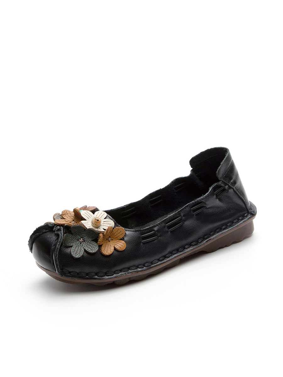 Women Summer Vintage Floral Spliced Leather Flat Shoes