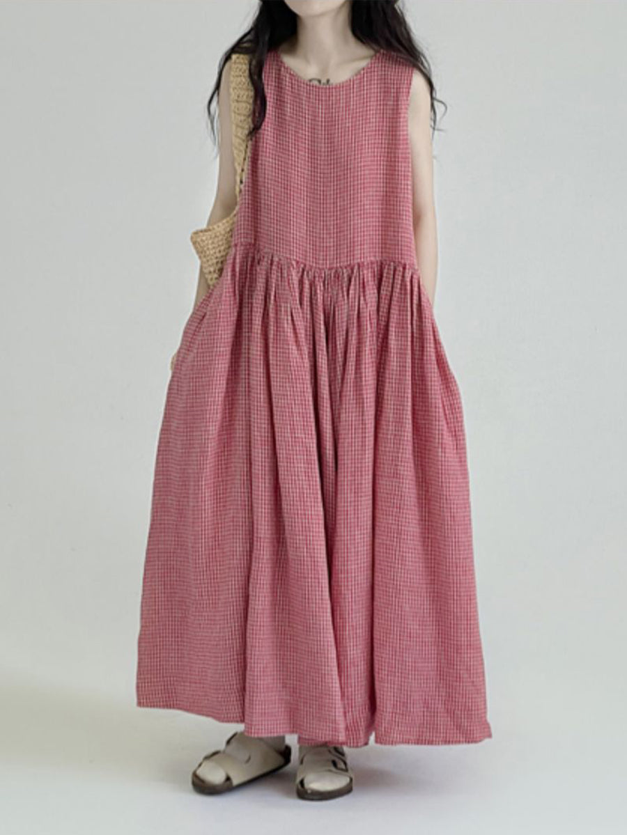Summer Casual Plaid Pleated Loose Linen Dress
