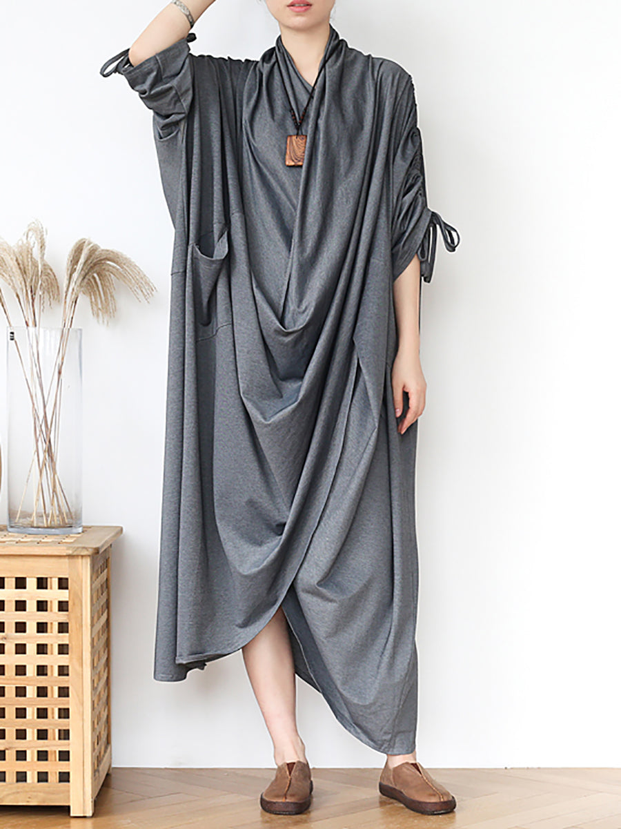 Vintage Solid Pleated Irregular Long Dress Summer