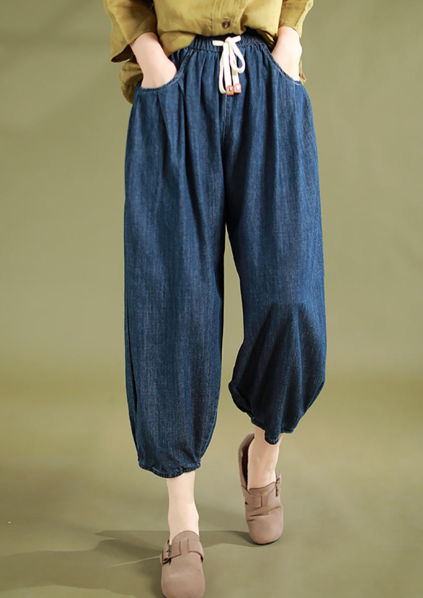 Summer Solid Washed Drawstring Pocket Denim Pants