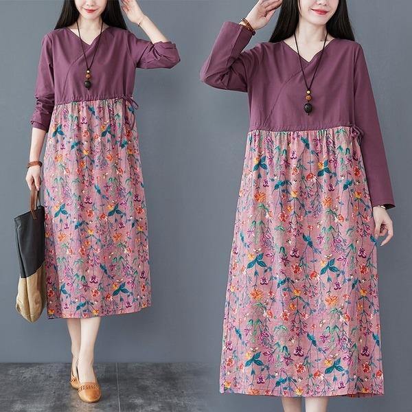 omychic cotton linen plus size vintage floral for women casual loose spring autumn dress - Omychic