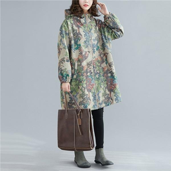 Vintage Print Floral Parkas For Women Winter Coat Hooded Zipper Pockets - Omychic
