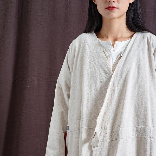 Vintage Trench Cotton Linen Coat Women 2020 Spring New Long Sleeve V-Neck Coat - Omychic