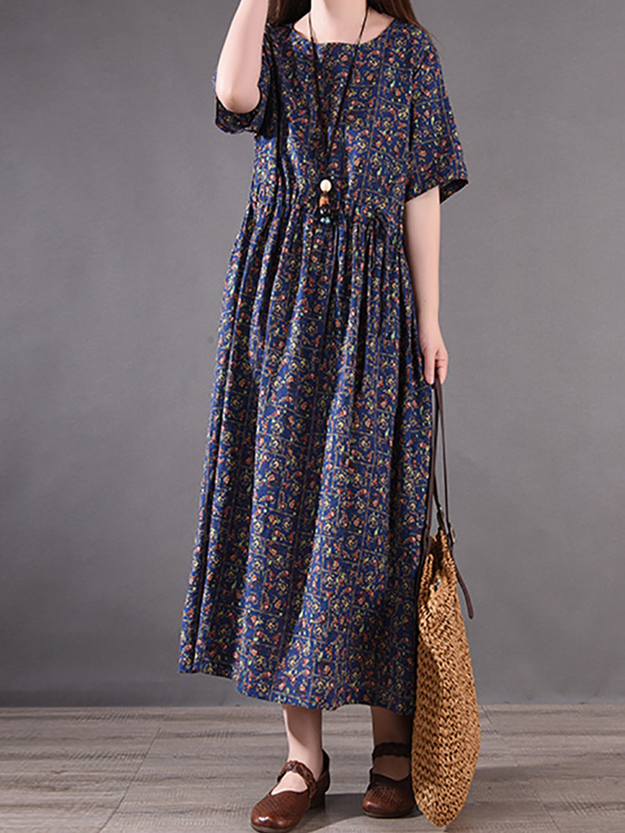 Vintage Flower Pleated Drawstring Loose Cotton Dress