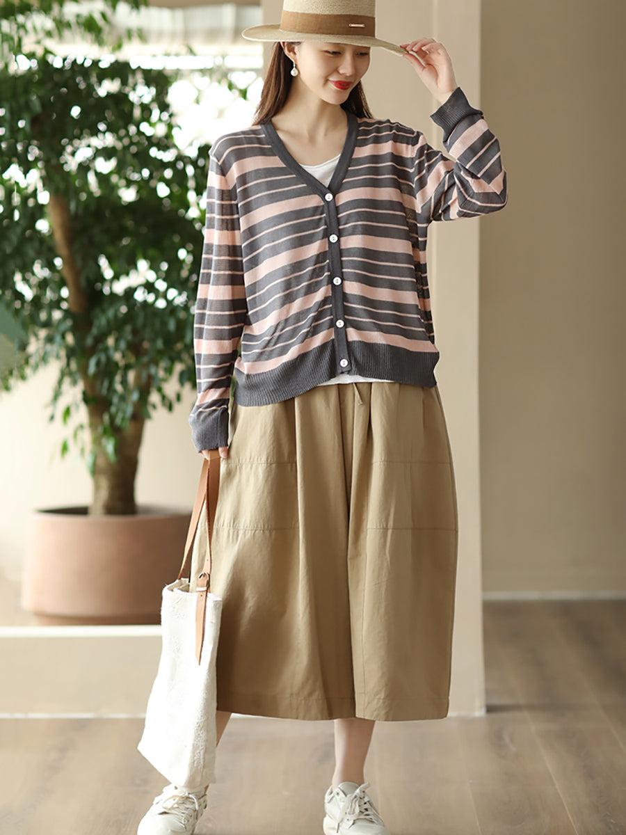 Women Summer Stripe Casual Knitted Linen Cardigan Shirt