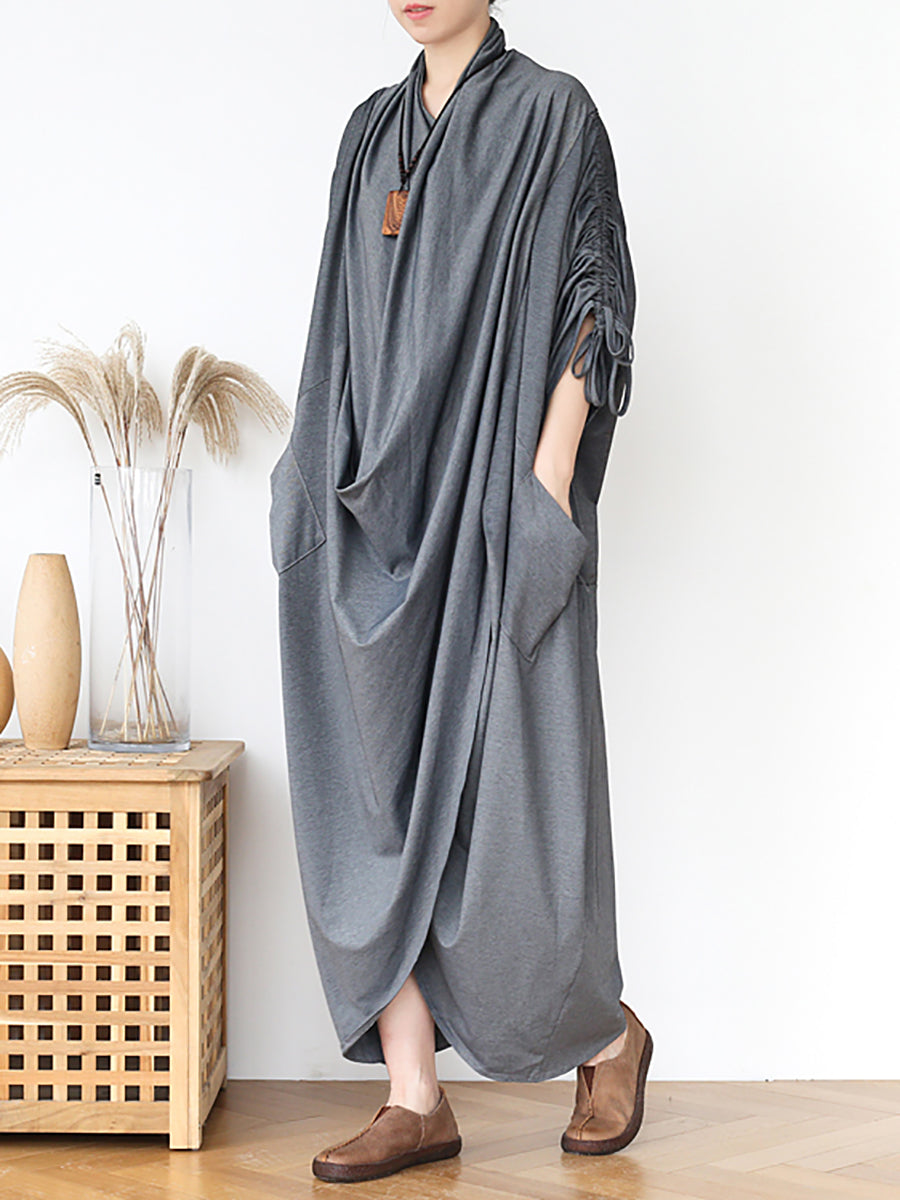 Vintage Solid Pleated Irregular Long Dress Summer