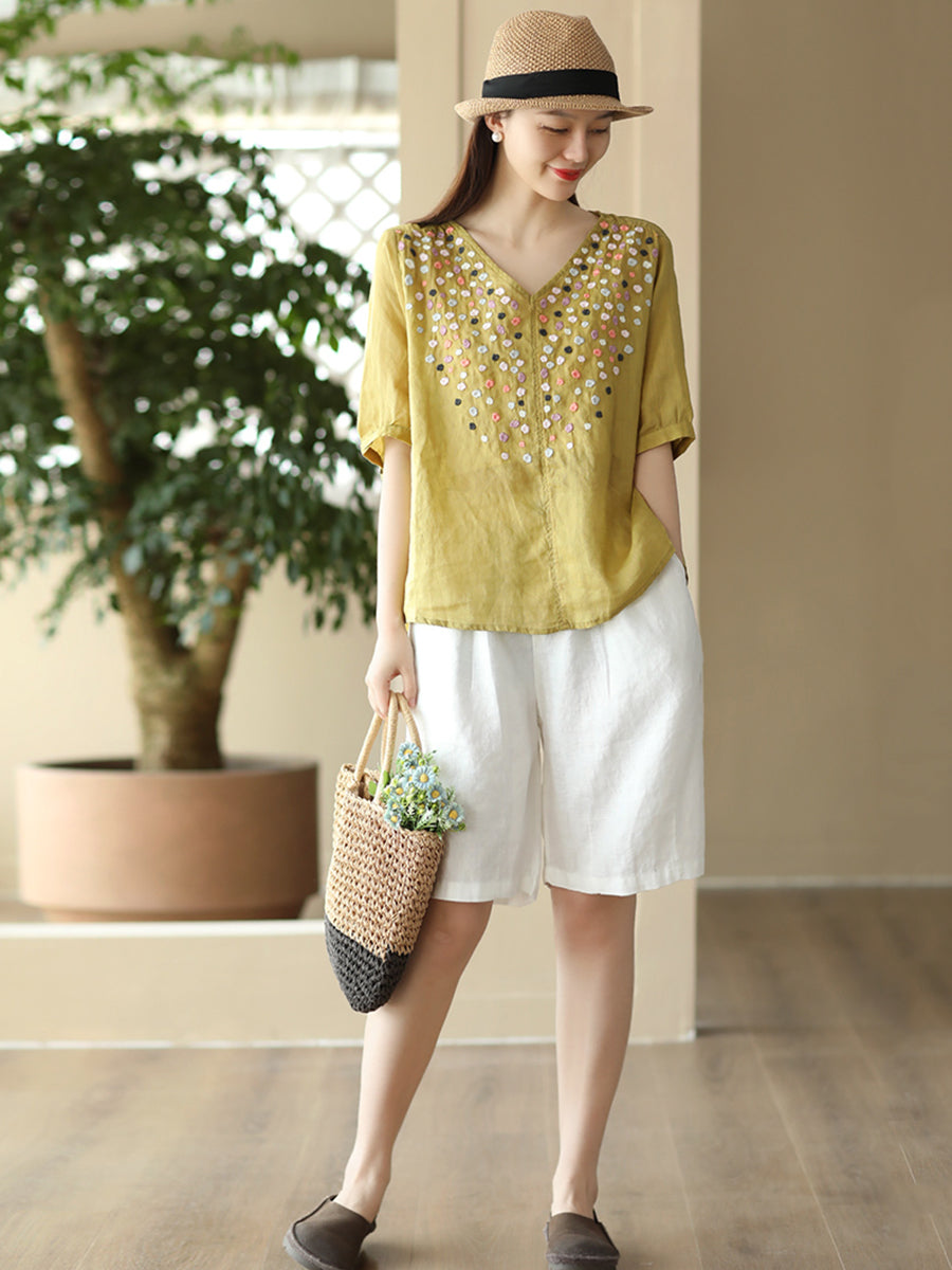 Women Summer Flower Embroidery V-Neck Ramie Tops