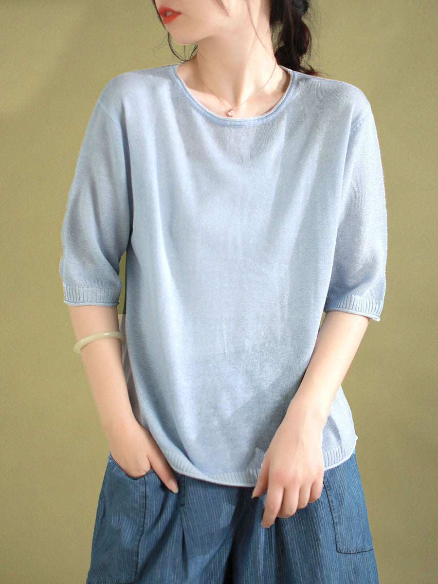 Women Summer Casual Solid Knitted Loose Shirt