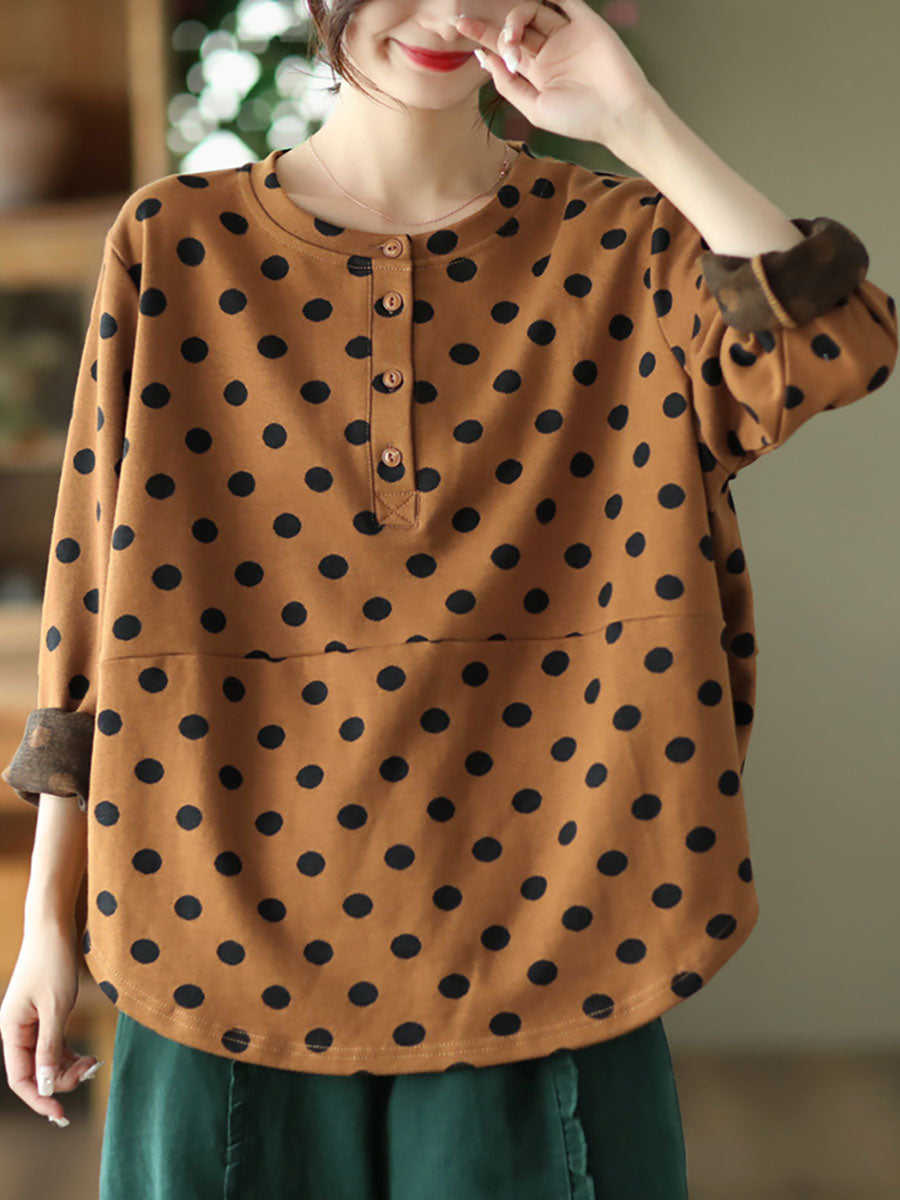 Vintage Dot Long Sleeve Pullover Casual Women T-Shirt