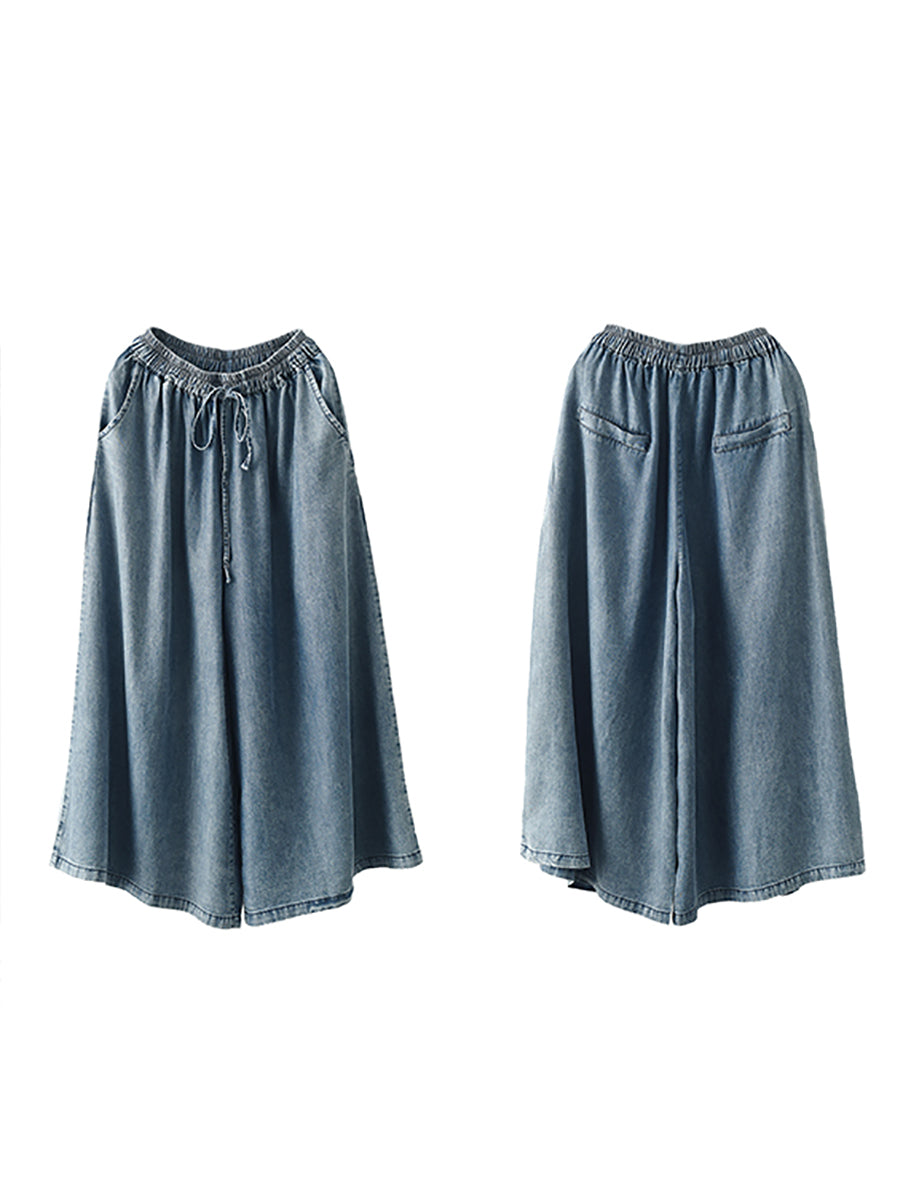 Casual Solid Washed Drawstring Wide-leg Denim Pants