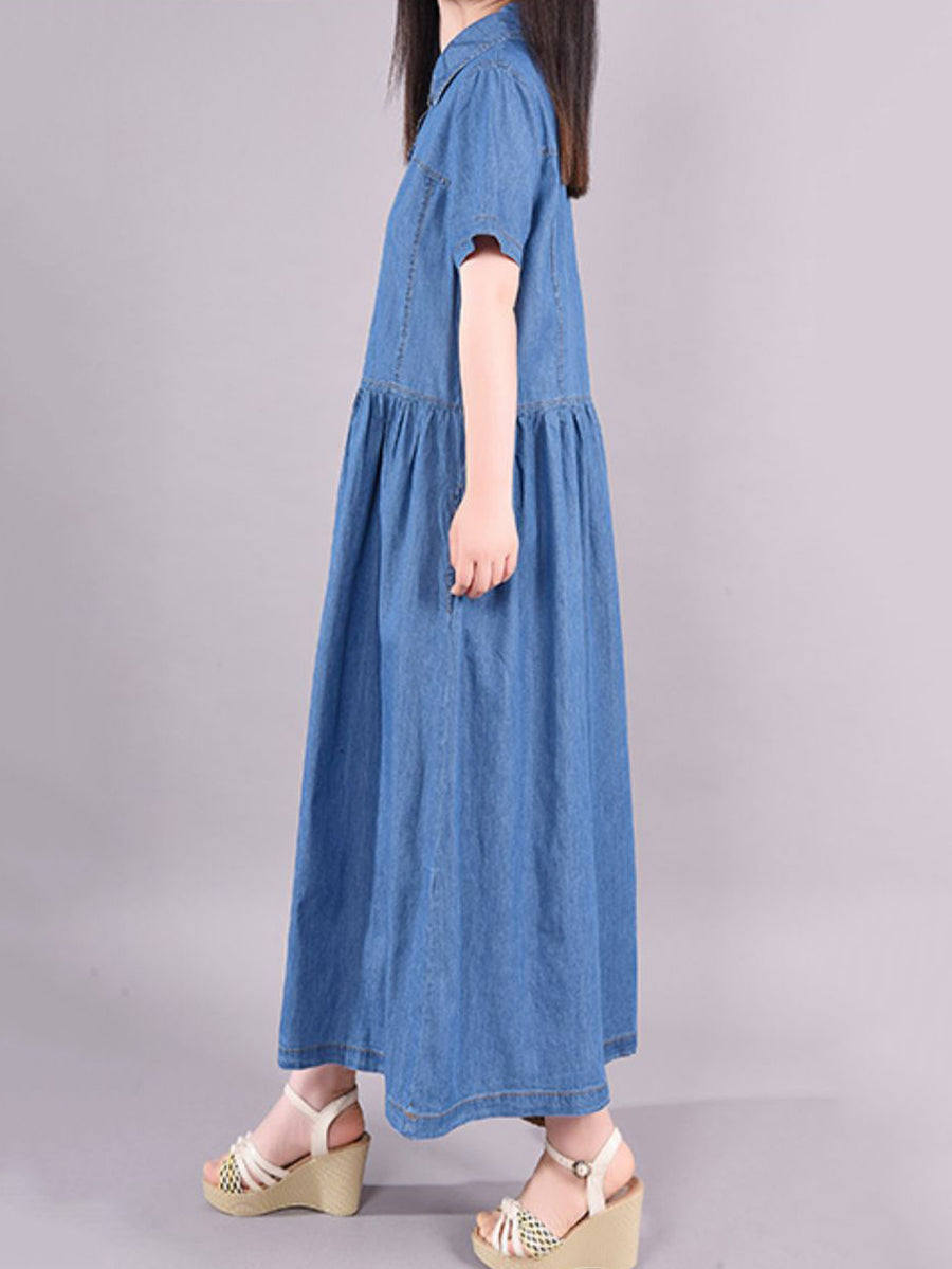 Women Retro Solid Pleated Polo Collar Denim Dress