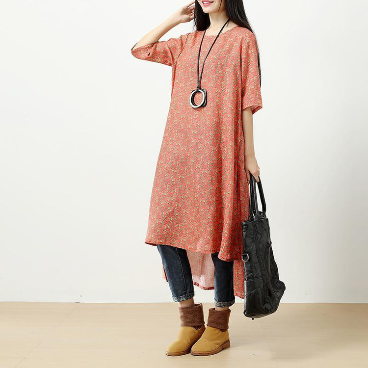 Retro Printing Side Slit Short Sleeves Linen Orange Red Women Dress - Omychic