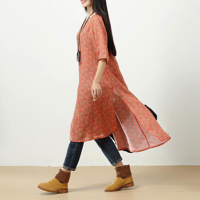 Retro Printing Side Slit Short Sleeves Linen Orange Red Women Dress - Omychic