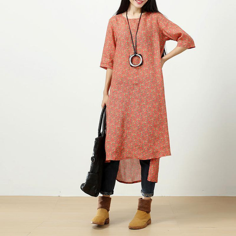 Retro Printing Side Slit Short Sleeves Linen Orange Red Women Dress - Omychic