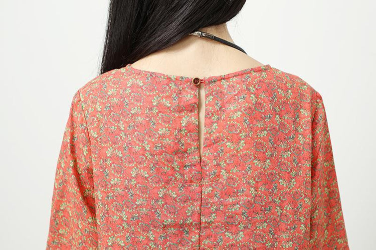 Retro Printing Side Slit Short Sleeves Linen Orange Red Women Dress - Omychic