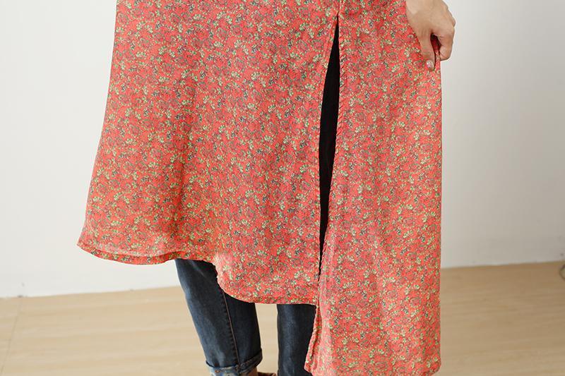 Retro Printing Side Slit Short Sleeves Linen Orange Red Women Dress - Omychic