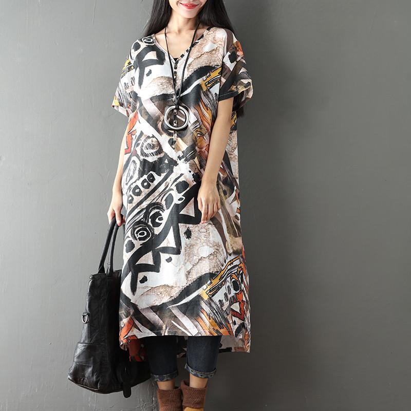 Women Printed Retro Casual Loose Short Sleeve Dress - Omychic