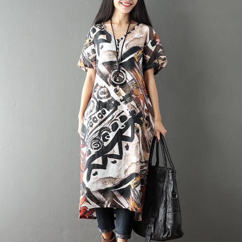 Women Printed Retro Casual Loose Short Sleeve Dress - Omychic