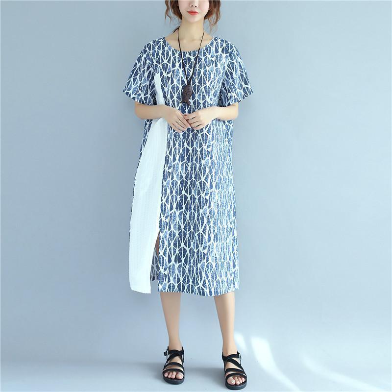 Women Splicing Causal Splitting Short Sleeve Blue Dress - Omychic