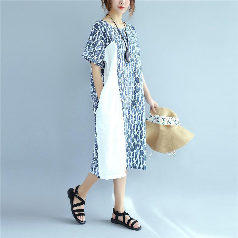 Women Splicing Causal Splitting Short Sleeve Blue Dress - Omychic