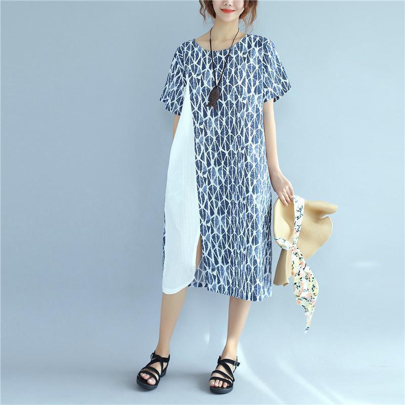 Women Splicing Causal Splitting Short Sleeve Blue Dress - Omychic