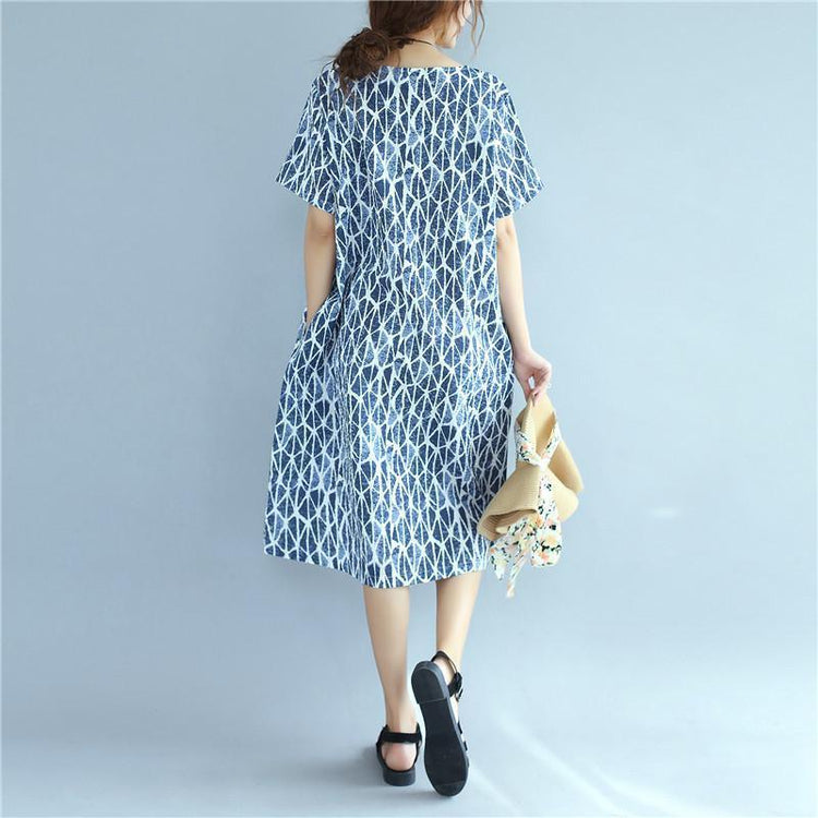 Women Splicing Causal Splitting Short Sleeve Blue Dress - Omychic