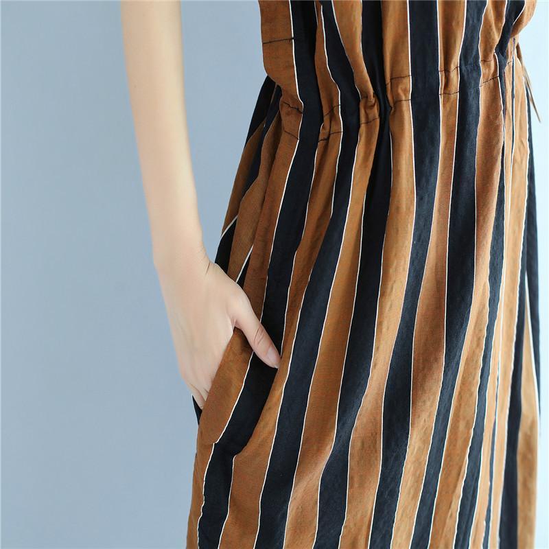 Stripe Women Loose Summer Irregular Splitting String Wine Red Dress - Omychic