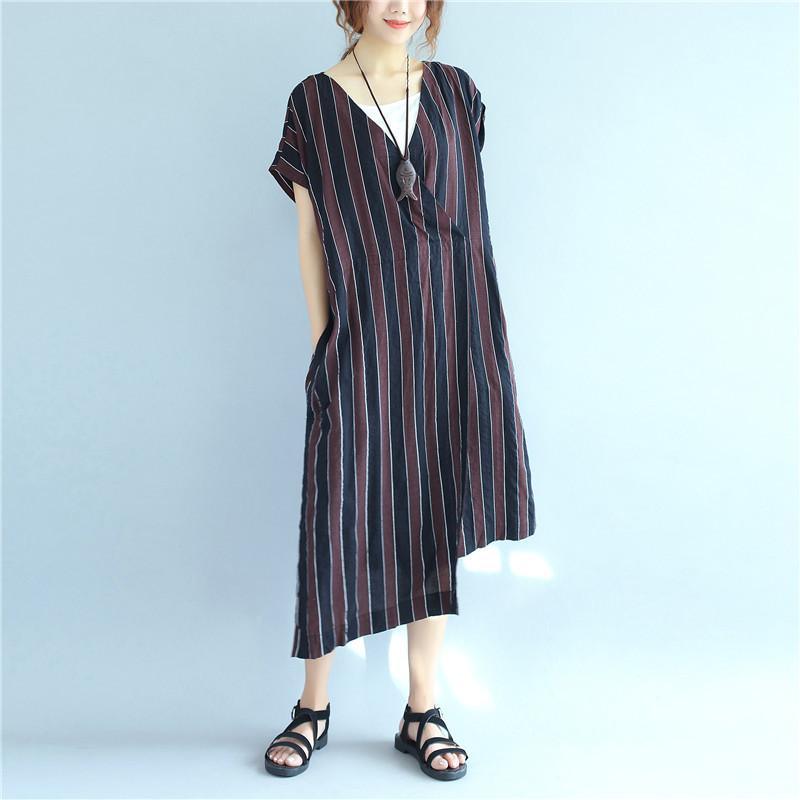 Stripe Women Loose Summer Irregular Splitting String Wine Red Dress - Omychic