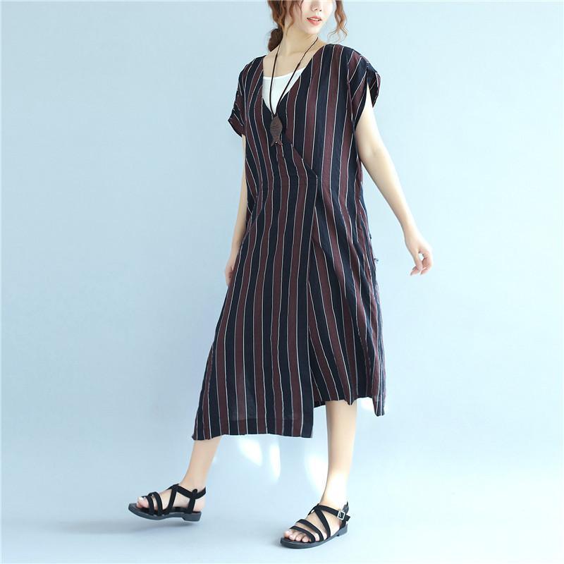 Stripe Women Loose Summer Irregular Splitting String Wine Red Dress - Omychic