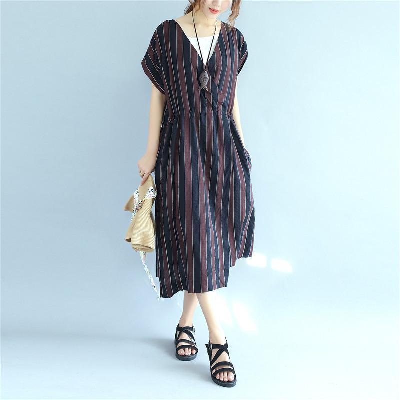 Stripe Women Loose Summer Irregular Splitting String Wine Red Dress - Omychic