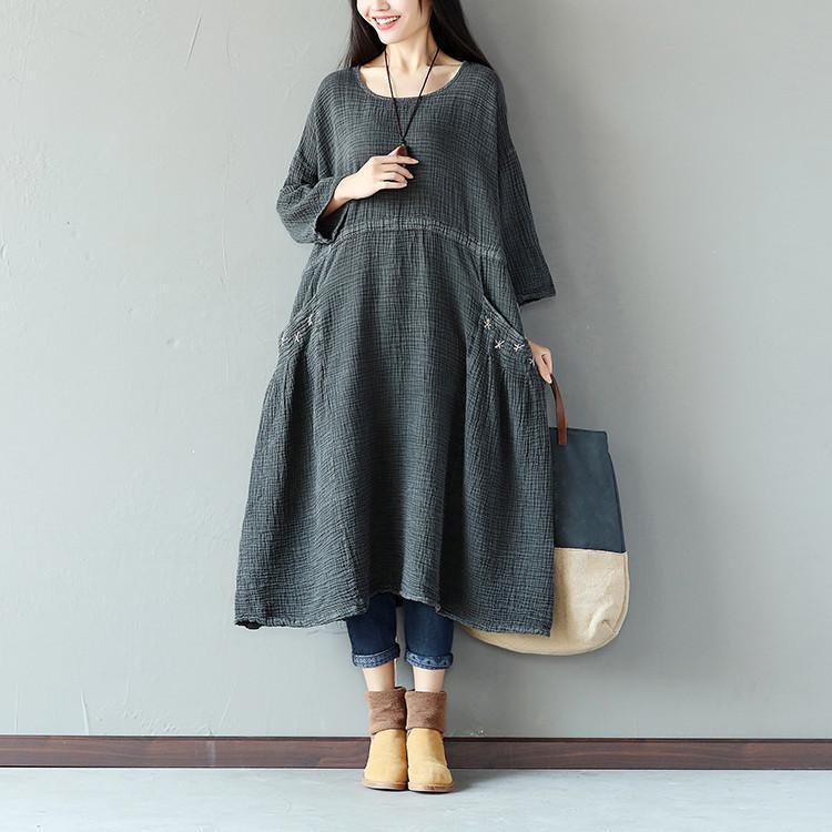 Retro String Pocket Women Dark Gray Dress - Omychic